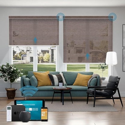 Motorized Light Filtering Roll Shades Work with HomeKit, 50% Blackout Smart Blinds for Windows, Half-Shading Electric Blinds with Remote,Automatic Solar Shades, Sunscreen PVC Free Cocoa
