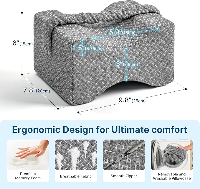 Knee Pillow for Side Sleepers-Memory Foam Leg Pillow for Between Legs-Sciatica,Hip&Back Pain Relief,Spinal Alignment Leg Cushion,Grey
