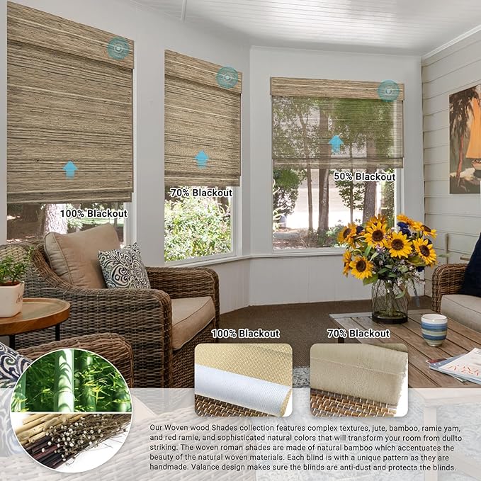 SmartWings Motorized Natural Woven Wood Shades for Windows Work with Matter Thread Homekit Z-Wave Alexa Google, 50%/70%/100% Blackout Electric Roman Shades Cordless with Remote, Customized, Kenaf 016