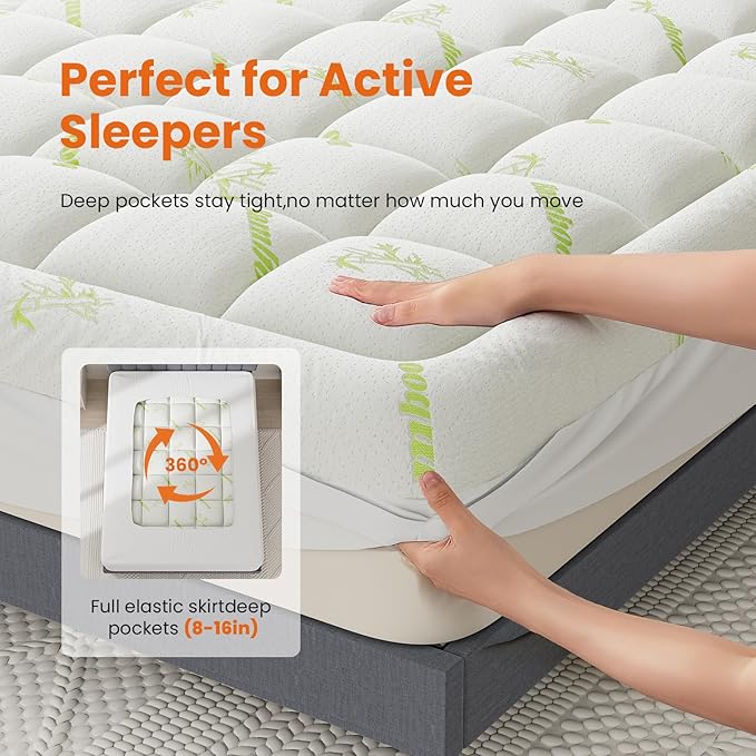 DUMOS Twin XL Size Ultra Soft Mattress Topper, Viscose Derived from Bamboo, Pillow Top Mattress Pad with Stretchable Pockets, Breathable Cooling Topper for Back Pain Relief