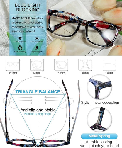 MARE AZZURO Blue Light Blocking Reading Glasses Women Computer Readers 100 125 150 175 200 225 250 275 300 350 400 500 600 (Black-floral, 2.5)