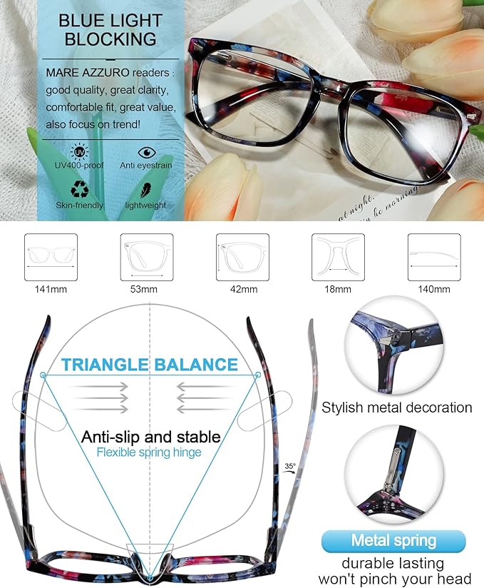 MARE AZZURO Blue Light Blocking Reading Glasses Women Computer Readers 100 125 150 175 200 225 250 275 300 350 400 500 600 (Black-floral, 2.75)