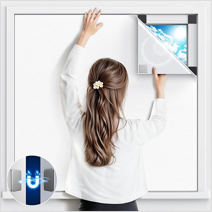 Magnetic Blackout Window Cover, 63" x 58" Portable Blackout Curtains for Bedroom, No Drill Windows Shades & Black Out Blinds, Temporary Black Out Shades for Window Film Nursery Travel RV - White