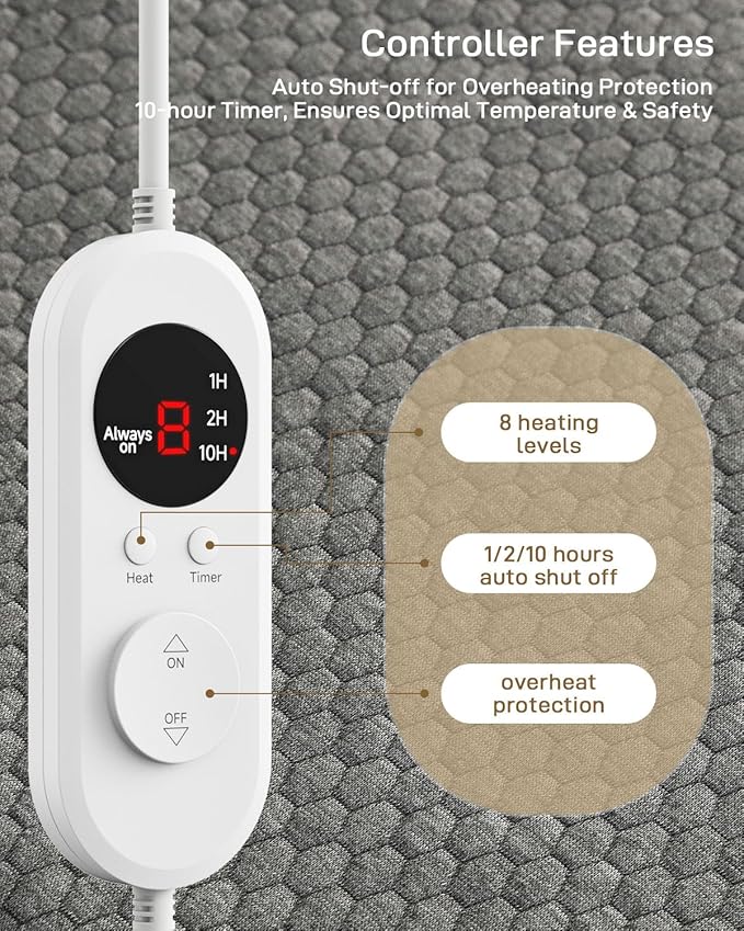 Heated Mattress Pad King Size - Electric Mattress Pad with Dual Control, Soft Blanket, Bed Warmer Heater Sheets, 8 Heating Settings,1/2/10 Hours Auto Shut Off, 78" x 80" Ash Gray