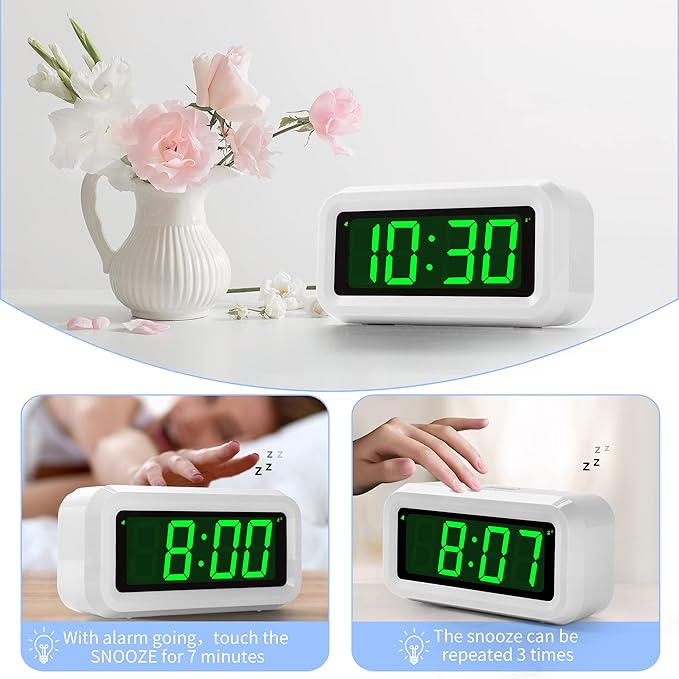 KWANWA 12 Inch Large Display Digital Alarm Clock for Kids & Adults, Dimmable LED Clock with Adjustable Brightness, Easy Snooze, Battery Operated Cordless Desk Clock for Bedroom, Kitchen, (White
