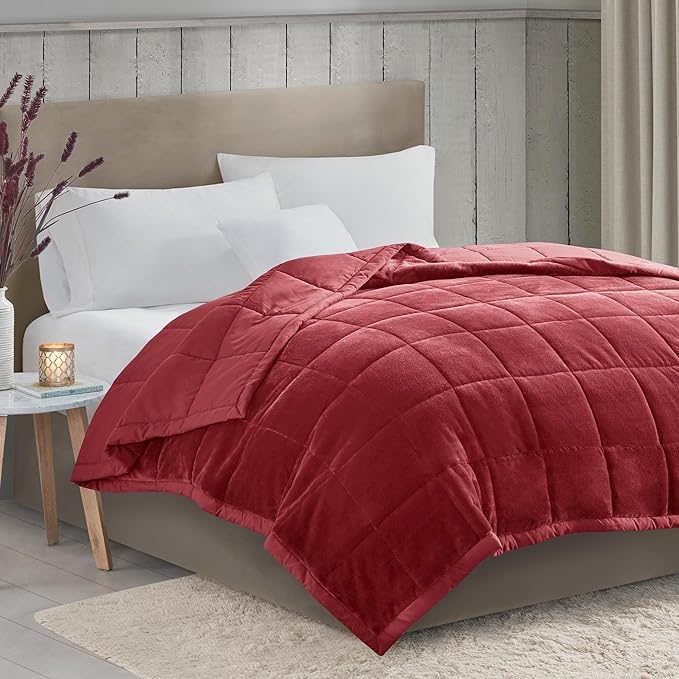 Madison Park King Cozy Blanket HeiQ Smart Temperature Plush to Microfiber Reverse Box Quilting, Reversible, Soft All Season, Lightweight Summer Cover, for Bed, Couch and Sofa, King, Burgundy