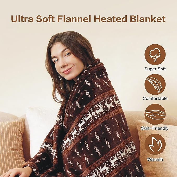 Tefici 50"x60" Heated Blanket Throw - Soft Flannel Electric Blanket with 3 Heating Levels, 4-Hour Auto Shut-Off, Overheat Protection, ETL Certified, Machine Washable, Moose Pattern for Home Office