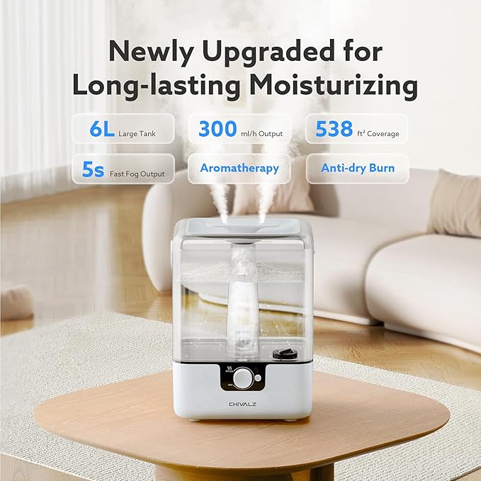 CHIVALZ Humidifiers for Bedroom Large Room Home, 6L Cool Mist Humidifier for Baby and Plant, Oil Diffuser, Top Fill Humidifier with Night Light, Quiet 23dB, Up to 26H, White 1Pack