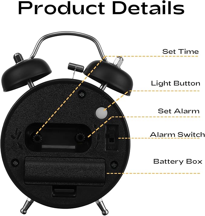 AKCISOT Loud Alarm Clock for Heavy Deep Sleepers,3 Inches Analog Metal Twin Bell Clocks Battery Operated with Backlight for Bedroom Bseide, Old Fashioned for Desk Home Decoration (Black)