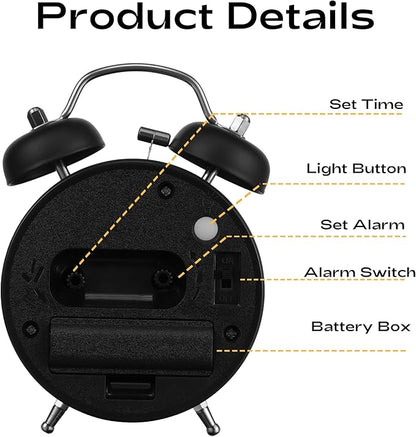 AKCISOT Loud Alarm Clock for Heavy Deep Sleepers,3 Inches Analog Metal Twin Bell Clocks Battery Operated with Backlight for Bedroom Bseide, Old Fashioned for Desk Home Decoration (Black)