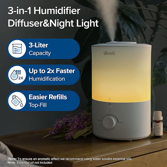 LEVOIT Humidifiers for Bedroom with Night Light(3L Water Tank)Cool Mist Top Fill Essential Oil Diffuser for Baby Nursery and Plants, 360° Nozzle, Quiet, Rapid Humidification for Home Large Room, White