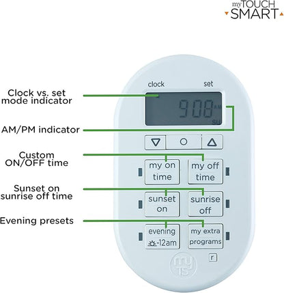 myTouchSmart Simple Set 7-Day Digital Timer, 1 Grounded Outlet Timer, Sunrise-Sunset Indoor Timer Outlet, Programmable ON/OFF Plug Timer, 125V Light Timer, Lamp Timer, Seasonal Lights, White, 33860