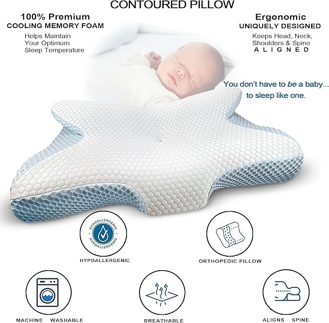 Ergonomic Cervical Memory Foam Neck Pillow for Pain Relief, Orthopedic Contour Pillow for Side, Back & Stomach Sleepers, Hypoallergenic, Breathable, Washable Cover for Better Sleep