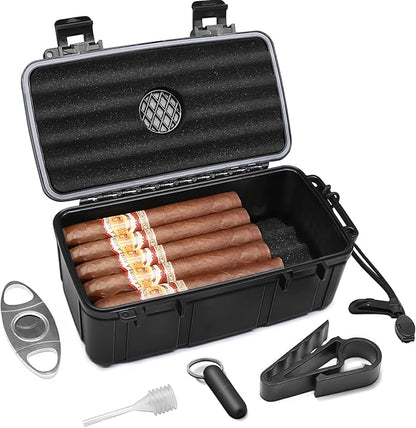 Flauno Travel Cigar Humidor - Portable Cigar Case kit with Cigar Cutter, Cigar Punch, Cigar Holder, Humidifier & Dropper, Waterproof, Crushproof, Airtight (Holds up to 15 Cigars)
