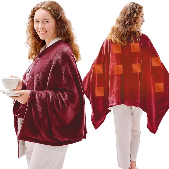 JOLLYVOGUE USB Heated Blanket Throw, Wearable & Portable Heating Electric Blanket for Adults, 3 Levels & 8 Heating Zone Shawl for Indoor & Outdoor, Red (Battery Not Included)