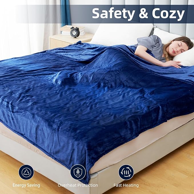 Electric Heated Blanket Throw Size 50"x60", Fast Heating Throw, Soft Microplush for Sofa & Office,6 Heating Levels & 1-10 Hours Auto Off, Machine Washable, Gifts for Family-Navy Blue