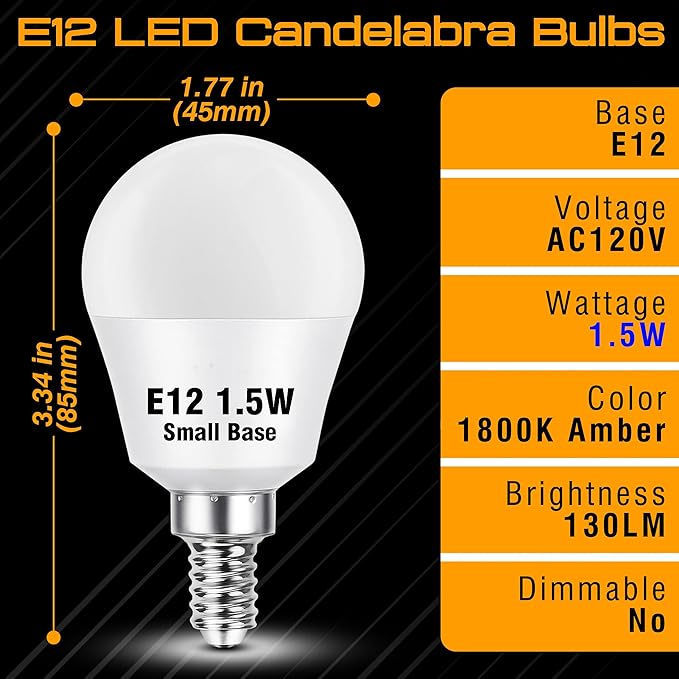 E12 Candelabra Base Amber Sleep Light Bulbs 1.5w, 1800k Low Brightness Night Light Bulb 15 Watt Equivalent, E12 G45 Warm Amber Light Bulbs 130lm for Healthy Sleep, Bedroom, Non-Dimmable, 4 Pack