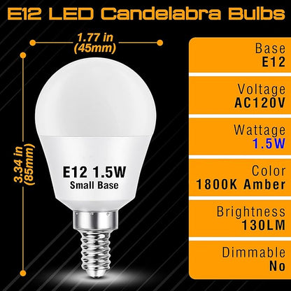Amber Sleep Light Bulbs E12 Candelabra Base, 1800K Warm Amber Night Light Bulbs 15W Equivalent, 1.5w 130lm, E12 G45 Small Low Light Bulb for Healthy Sleep, Bedroom, Baby Nursery, Non-Dimmable, 2 Pack