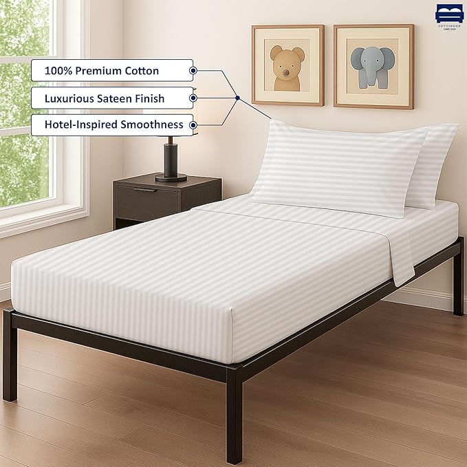 White Stripe 4-Piece Cot Bed Linen Set - 1 Fitted Sheet 33" x 75", 1 Flat Sheet 64"x 94", 2 Pillow Cases 20"x 30" Perfect for Folding Guest & Rollaway Beds
