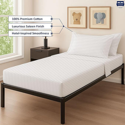 White Stripe 4-Piece Cot Bed Linen Set - 1 Fitted Sheet 33" x 75", 1 Flat Sheet 64"x 94", 2 Pillow Cases 20"x 30" Perfect for Folding Guest & Rollaway Beds