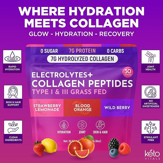 Keto Vitals Collagen Powder for Women Plus Electrolytes - 30 Travel Packets - 7.78G of Type I & III Grass Fed Hydrolyzed Collagen Peptides & 7G Protein Per Stick - Colageno Hidrolizado for Women