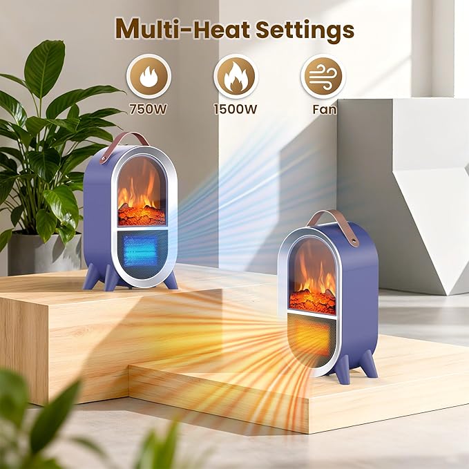 Portable Electric Fireplace Heater, 1500W/750W Mini Space Heater for Indoor Use with 3D Flame, Thermostat, Carry Handle, Overheat & Tipover Protection, for Home Office Bedroom Desk, Blue
