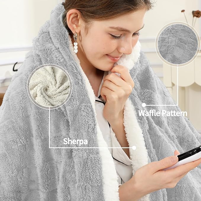 Electric Heating Blanket Throw size 50x60,Electric Blanket Checkered Weave-Wool Blend Heated Blanket,Rapid Heating 6 Temperature Settings 4-Hour Auto Shut-Off ETL Certified,Machine Washable,Light Gray