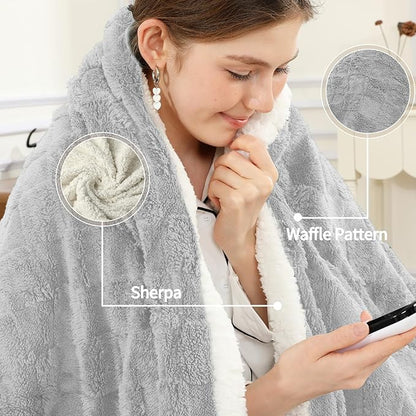 Electric Heating Blanket Throw size 50x60,Electric Blanket Checkered Weave-Wool Blend Heated Blanket,Rapid Heating 6 Temperature Settings 4-Hour Auto Shut-Off ETL Certified,Machine Washable,Light Gray