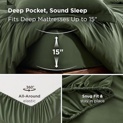 Bedsure Duvet Cover with Fitted Sheet King - Warm Deep Pocket, Hotel Luxury Soft Double Brushed Bedding Set with Zipper Closure, 1 Duvet Cover, 1 Fitted Sheet, 2 Pillow Shams, NO Comforter, Green