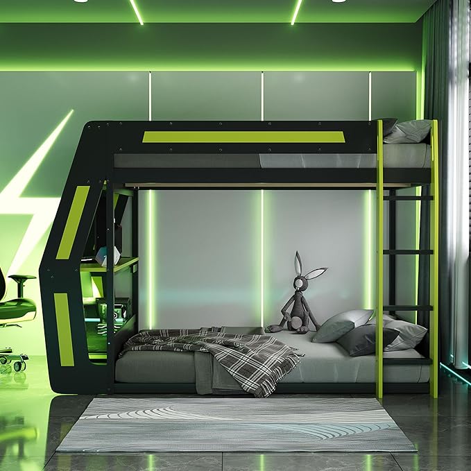 Gaming Bunk Bed Full Size with Desk & Charging Station & RGB Light Strip & Storage Shelves,Wooden Full Bunk Bed Frame with Safety Guardrails,Ladder and Under-Bed Space for Adults Teens Bedroom,Green