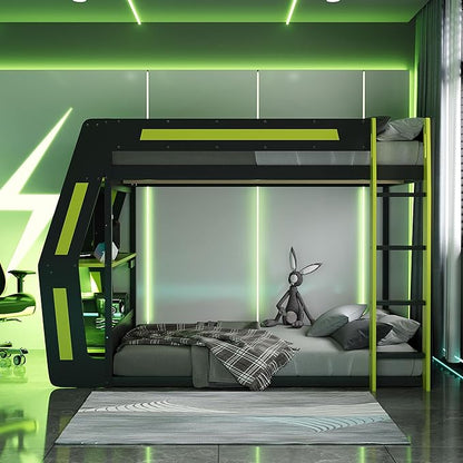 Gaming Bunk Bed Full Size with Desk & Charging Station & RGB Light Strip & Storage Shelves,Wooden Full Bunk Bed Frame with Safety Guardrails,Ladder and Under-Bed Space for Adults Teens Bedroom,Green
