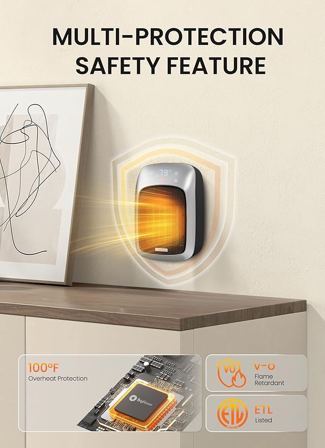 Brightown Plug In Space Heater for Indoor Use, 800W Small Wall Outlet Heater with Remote and Thermostat, LED Display, 12H Timer, Overheat Protection for Bathroom Bedroom Office Home