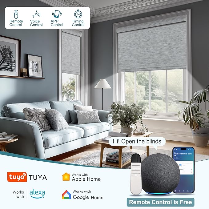 Motorized Blinds with Remote,Blackout Smart Roller Shades with App,Voice Control,Jacquard Fabric,Thermal Insulated Automatic Blinds,Electric Shades with USB/Solar Pannel.Jacquard Blue Grey