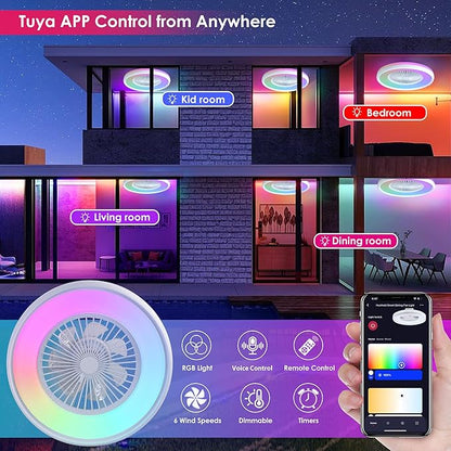 24" Bladeless Ceiling Fan with RGB Light Remote, Smart LED Ceiling Fans with Voice/App Control, Modern Low Profile Dimmable Light Ceiling Fan for Bedroom Living Room White