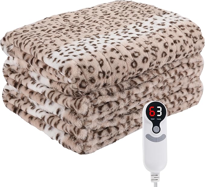 Electric Heated Blanket Throw Size 50"x60", Fast Heating Throw, Soft Microplush for Sofa & Office,6 Heating Levels & 1-10 Hours Auto Off, Machine Washable, Gifts for Family-Leopard Print, Beige