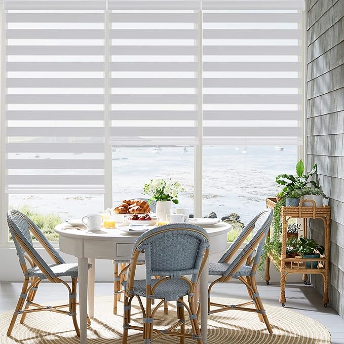 Changshade Blackout Zebra Blinds Cordless for Indoor Windows Sliding Glass Door, Custom Size Zebra Roller Shades Dual Layer Privacy Darkening for Living Room, Bedroom, Bathroom, Easy to Install, Grey