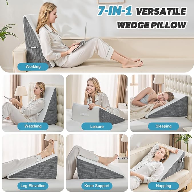 Yojoker Wedge Pillow for Sleeping - 7.5 Inch Bed Wedge for Headboard Triangle Pillow, Memory Foam Wedges for Acid Reflux, GERD, Snoring, Post Surgery Back Pain Relief, Leg Elevation, Washable Cover