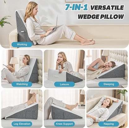 Yojoker Wedge Pillow for Sleeping - 7.5 Inch Bed Wedge for Headboard Triangle Pillow, Memory Foam Wedges for Acid Reflux, GERD, Snoring, Post Surgery Back Pain Relief, Leg Elevation, Washable Cover