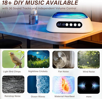 White Noise Machine for Sleep with Built-in Dual Speakers, 18 Soothing Sounds, 30–90 Min Timer, 7-Color Ambient Light, Memory Function, Battery Powered for Bedroom & Office