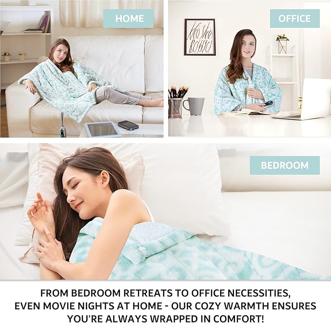 Beautyrest Wearable Electric Poncho Wrap Blanket, Ultra Soft Sherpa & Berber Fleece Heated Throw, Low EMF, UL Certified, 3 Heat Settings & 2hr Auto Shutoff, Gift-Ready, 50" x 64", Dusty Blue Lattice