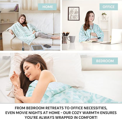 Beautyrest Wearable Electric Poncho Wrap Blanket, Ultra Soft Sherpa & Berber Fleece Heated Throw, Low EMF, UL Certified, 3 Heat Settings & 2hr Auto Shutoff, Gift-Ready, 50" x 64", Dusty Blue Lattice