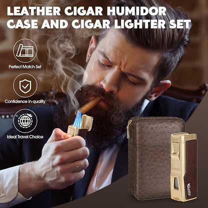 Scotte Cigar Humidor Box, Cedar Wood Lined Leather Case with Built-in Hygrometer & Humidifier, Torch Lighter with Cigar Holder & Punch - Portable Travel Humidor Kit (Dark Brown)