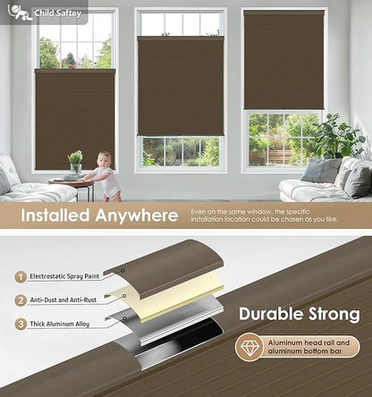 LazBlinds No Tools No Drill Cordless Cellular Shades, Blackout Light Blocking Honeycomb Shades for Home, Thermal Insulation Blinds for Windows, 44" W x 48" H, Dark Coffee