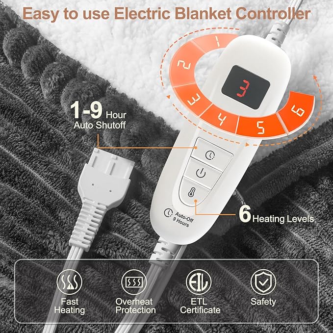 Tefici Heated Electric Blanket Full Size 72"x84" 6 Levels Over-Heat Protection Fast Heating 1/3/6/9 Hours Auto-Off,Heating Blanket Full Size,Soft Flannel to Sherpa ETL&FCC Certified Grey