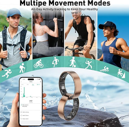 Smart Ring with Sleep Monitoring, Step Counting, Heart Rate, Blood Oxygen for iOS and Android, No Subscription Fee, IP68 Waterproof Health Tracker (Rose Gold, 9)