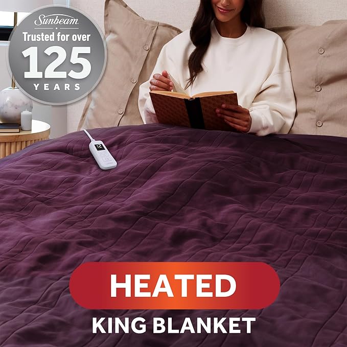 Sunbeam Royal Ultra Fleece Heated Electric Blanket King Size, 90" x 100", 12 Heat Settings, 12-Hour Selectable Auto Shut-Off, Fast Heating, Machine Washable, Warm and Cozy, Claret