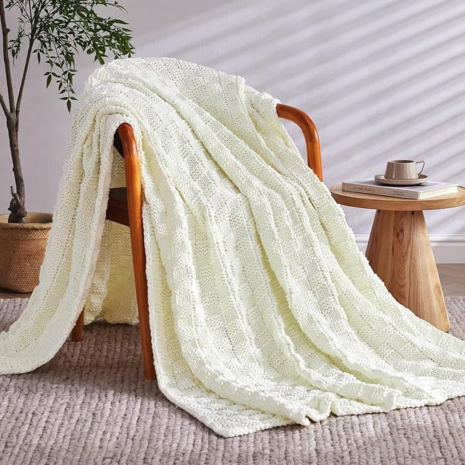 Knitted Weighted Blanket for Adult, No Beads Heavy Blanket 60” x 80'' 12lbs, Breathable Chunky Knit Blanket, Cooling Weighted Blanket for Hot Sleepers, Christmas Home Decor (Ivory White)