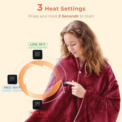 JOLLYVOGUE USB Heated Blanket Throw, Wearable & Portable Heating Electric Blanket for Adults, 3 Levels & 8 Heating Zone Shawl for Indoor & Outdoor, Red (Battery Not Included)