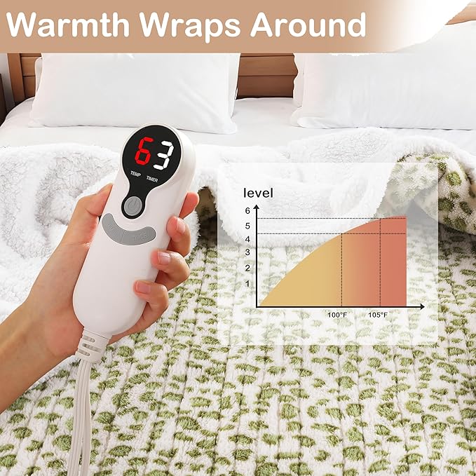 Electric Heated Blanket Throw Size 50"×60" with 9 Heating Levels & 1-10 Hs auto Off, Heating Throw Double Sided Sherpa, Energy Efficient, Machine Washable, Leopard Print Green & White