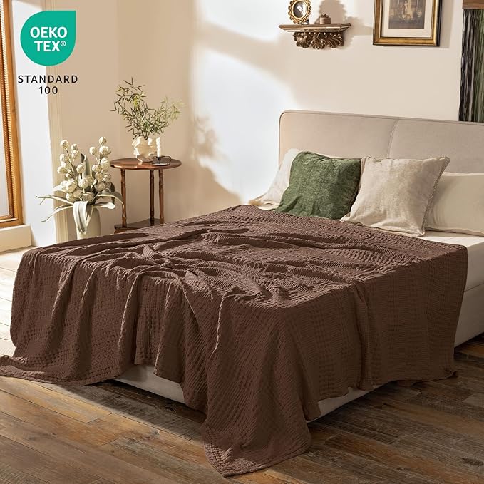 PHF Cooling Waffle Blanket Queen Size, Lightweight 60% Rayon Derived from Bamboo & 40% Cotton Breathable Blanket for Hot Sleepers, Soft and Luxury for Bed Couch and Sofa, 90"x90", Chocolate